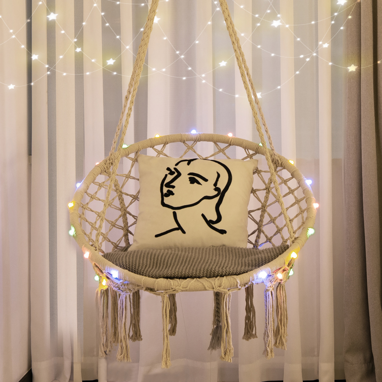 Hammock Chair LED Lights Hanging Cotton Rope Macrame Swing Indoor Outdoor Beige
