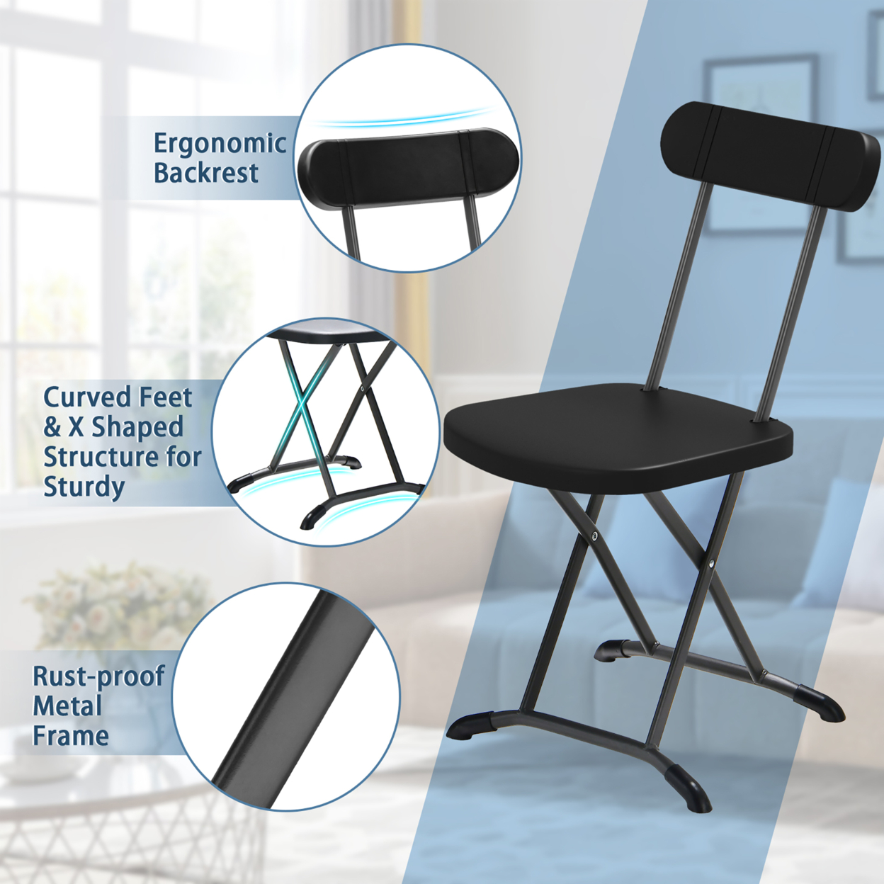 4-Pack Folding Chair W/ Metal Curved Feet Wide Seat & Ergonomic Backrest - Black