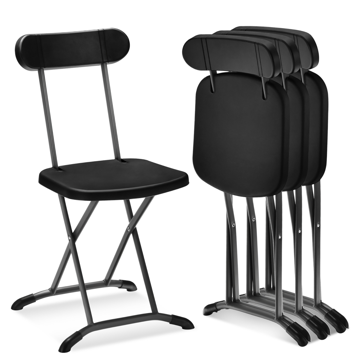 4-Pack Folding Chair W/ Metal Curved Feet Wide Seat & Ergonomic Backrest - Black