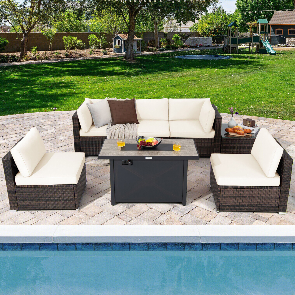 7PCS Patio Rattan Furniture Set Fire Pit Table Cover Cushion - Off White