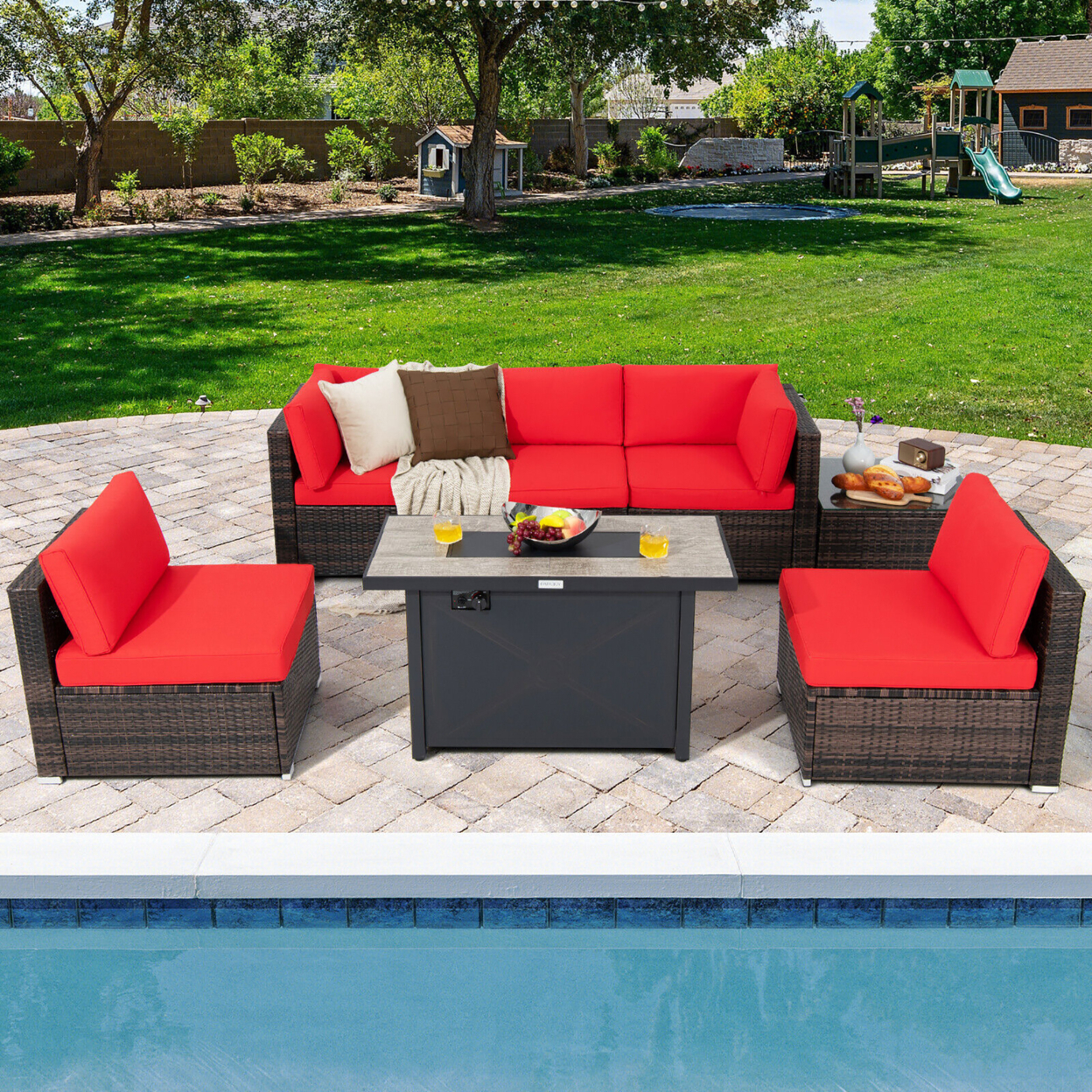7PCS Patio Rattan Furniture Set Fire Pit Table Cover Cushion - Red
