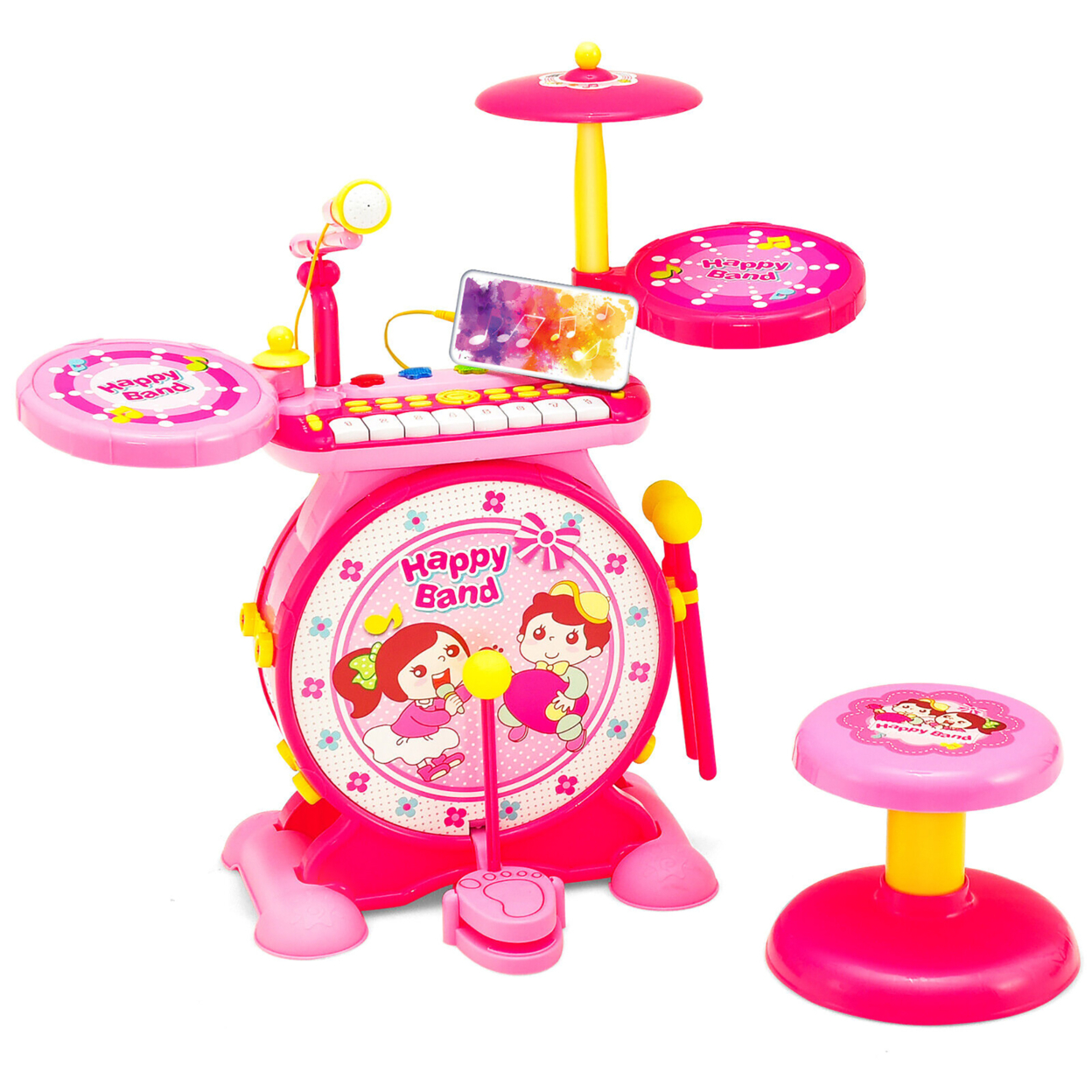 2-in-1 Kids Electronic Drum Kit Music Instrument Toy W/ Keyboard Microphone - Pink