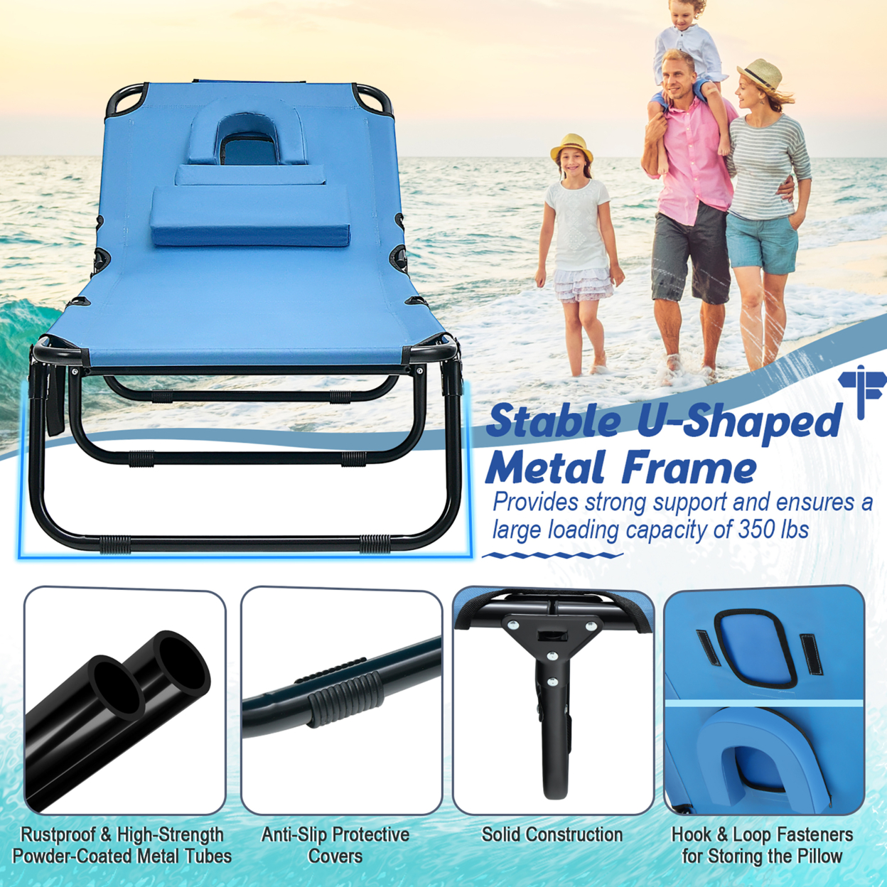 2PCS 5-Position Lounge Chair Adjustable Beach Chaise W/ Face Cavity & Pillows - Blue,Black