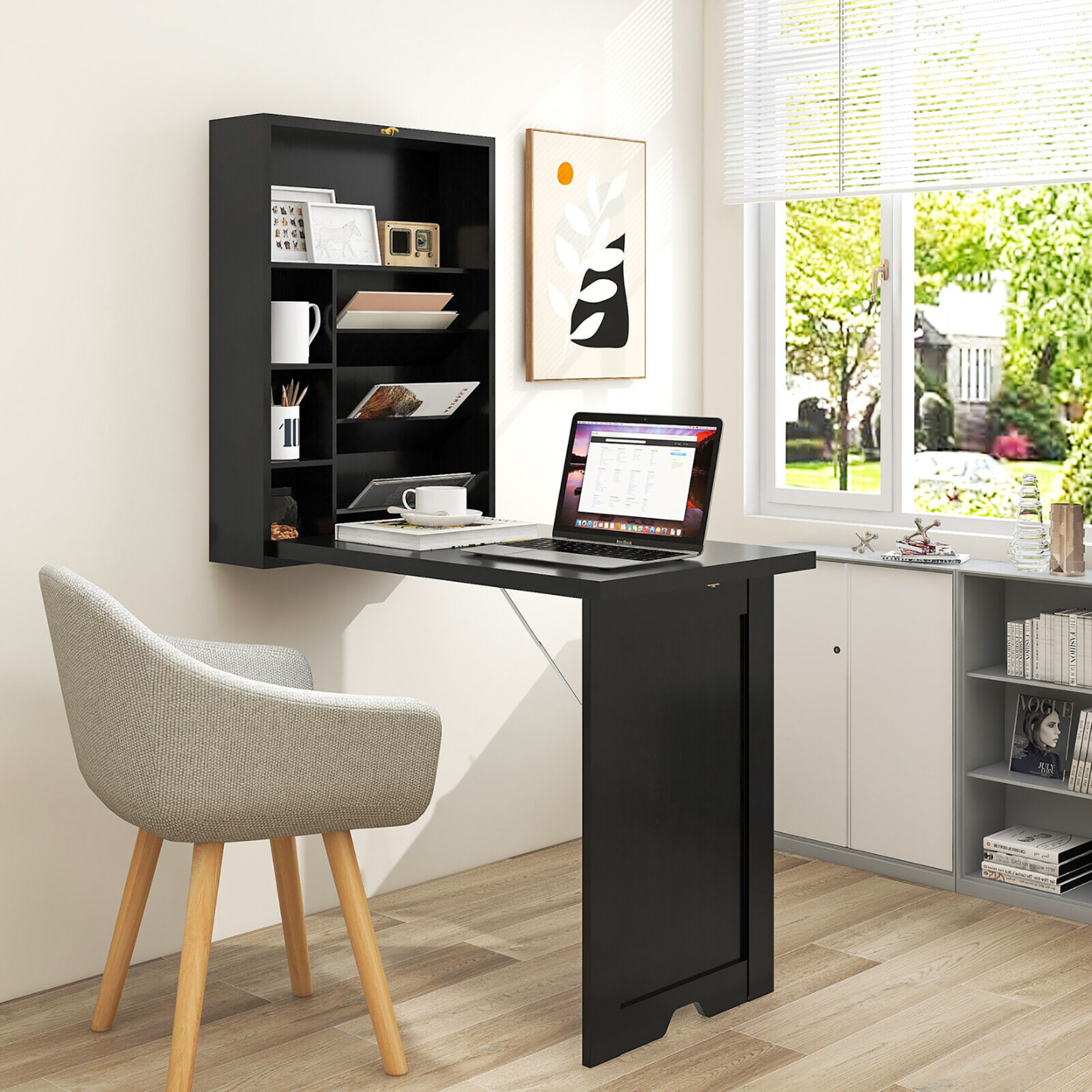 Wall Mounted Computer Convertible Desk Floating Desk W/ Storage Bookcases Black