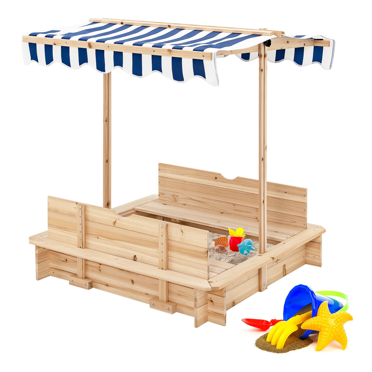 Kids Wooden Sandbox With Canopy & Foldable Bench Seats