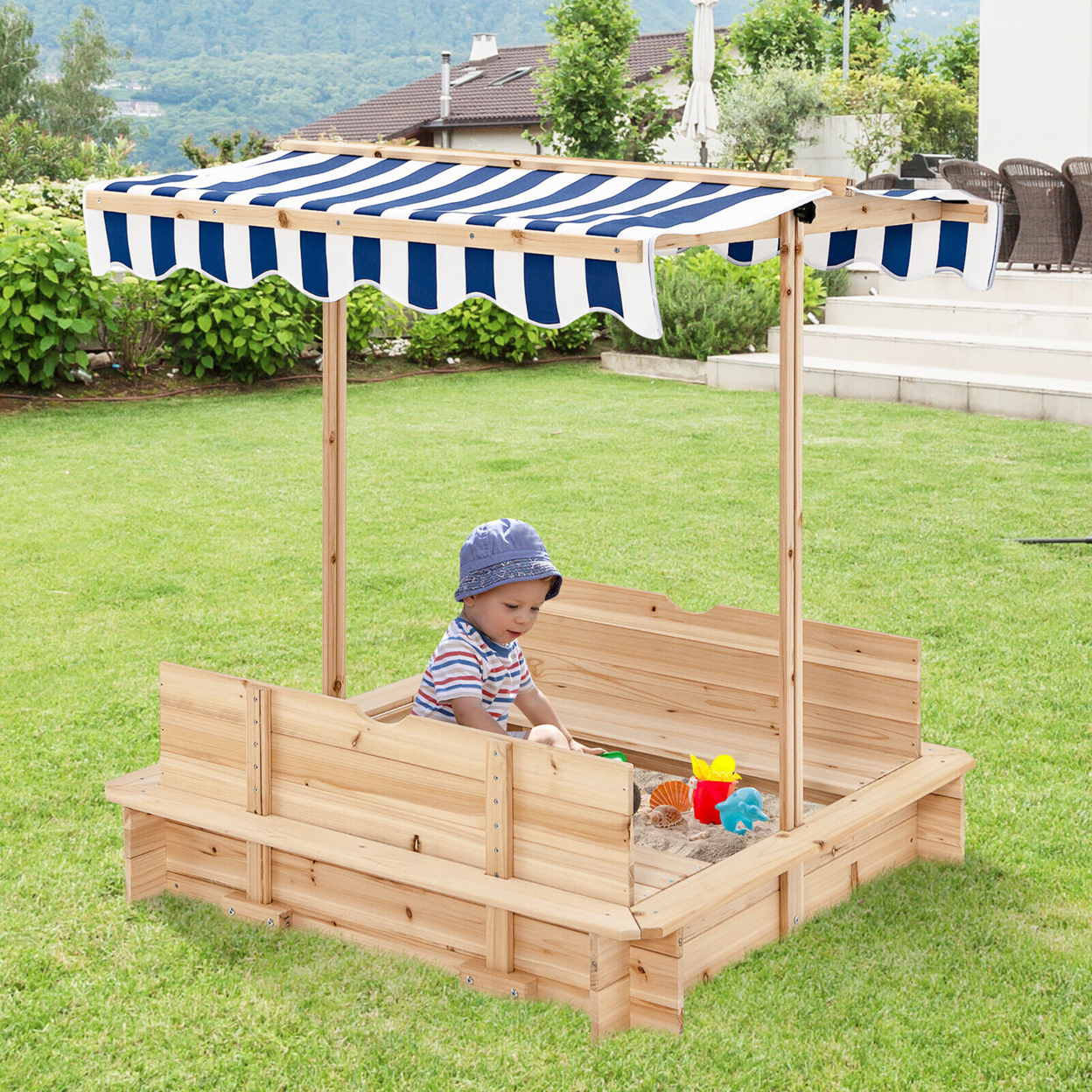 Kids Wooden Sandbox With Canopy & Foldable Bench Seats