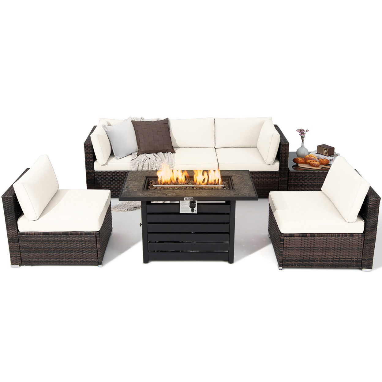 7PCS Patio Rattan Furniture Set 42'' Fire Pit Table W/ Cover Cushioned - Off White