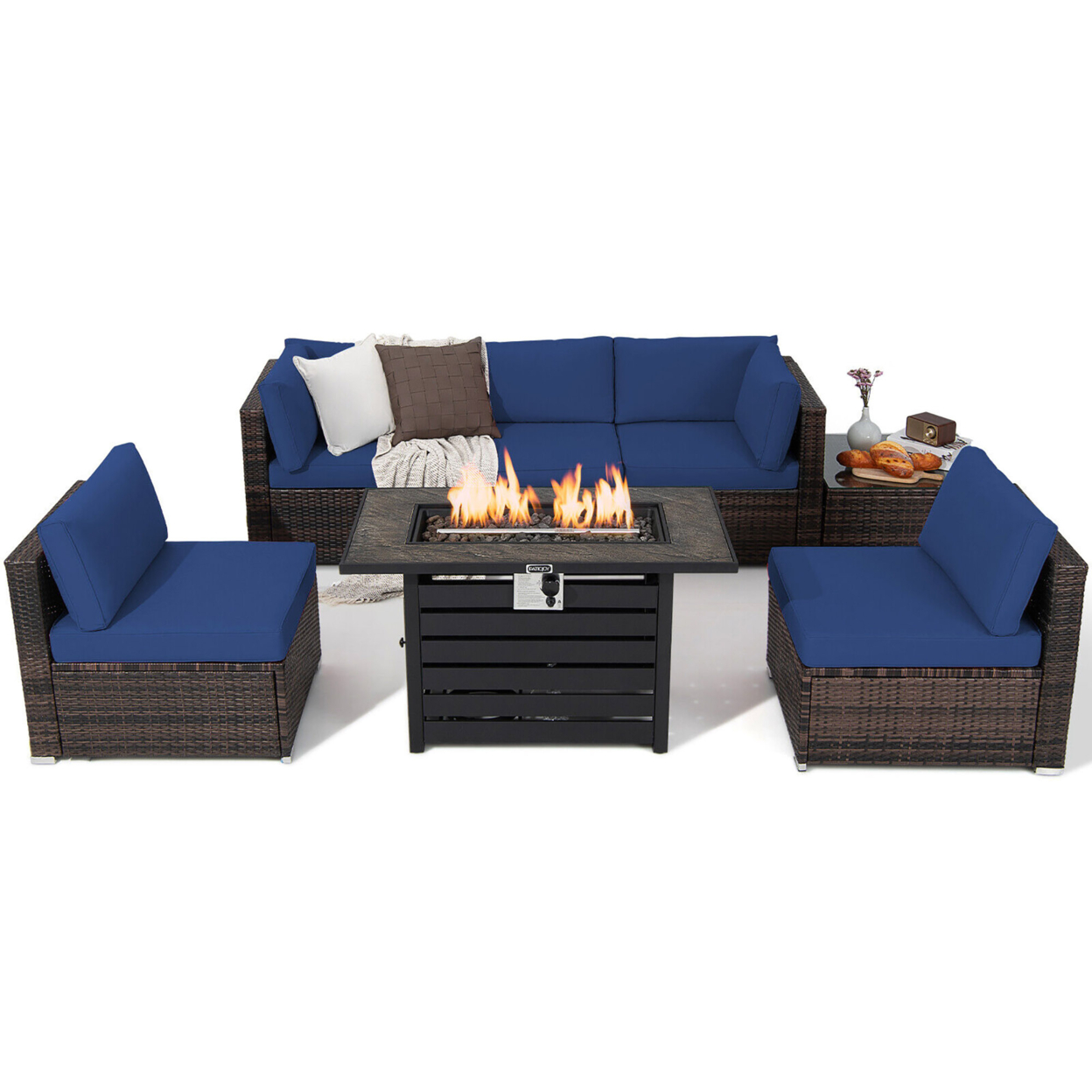 7PCS Patio Rattan Furniture Set 42'' Fire Pit Table W/ Cover Cushioned - Navy