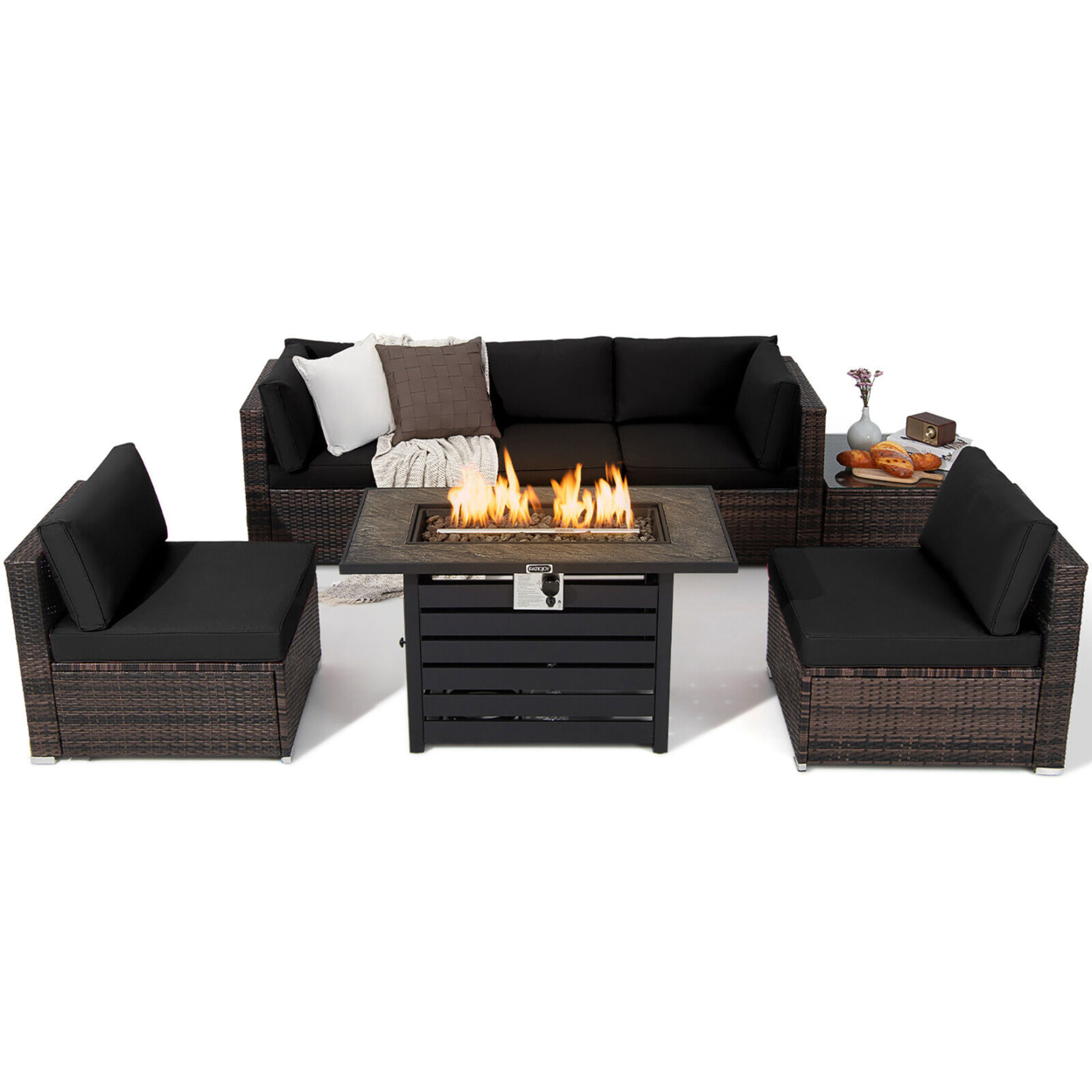 7PCS Patio Rattan Furniture Set 42'' Fire Pit Table W/ Cover Cushioned - Black
