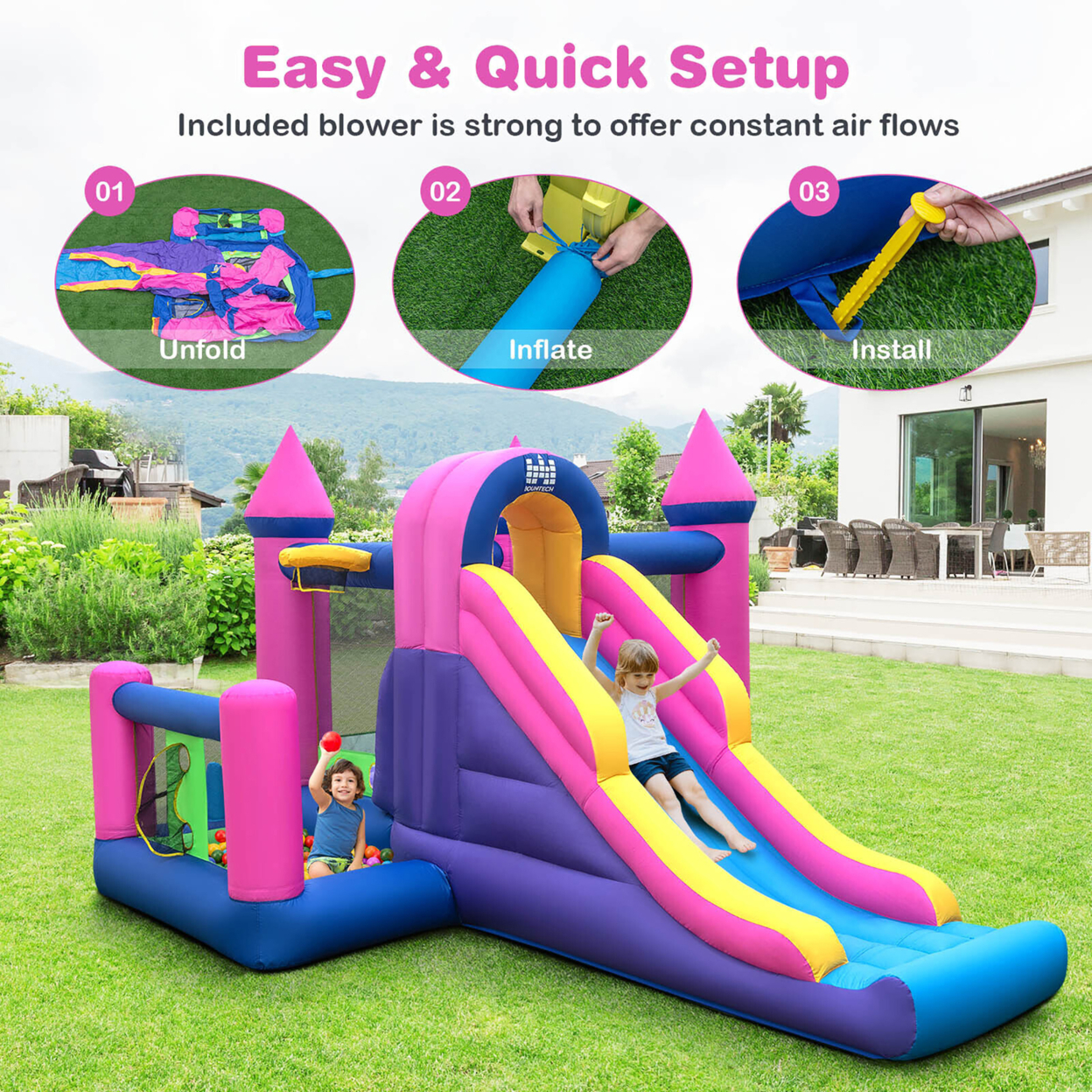 Kids Inflatable Bounce Castle 7-in-1 Jumping House W/ Long Slide & 735W Blower