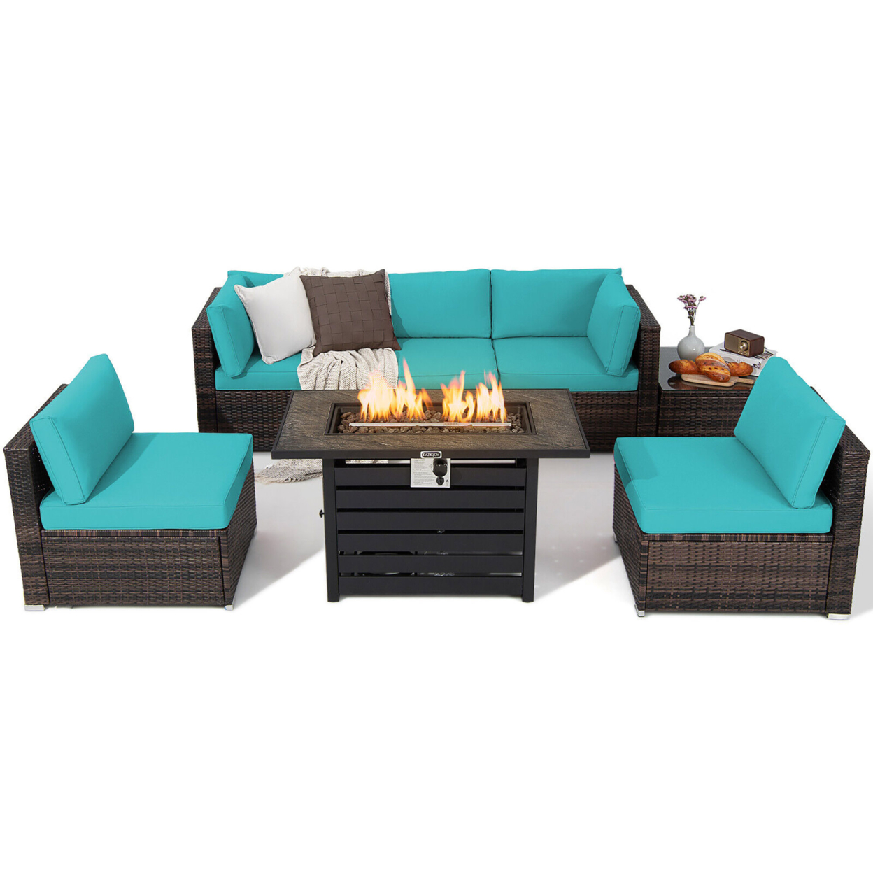 7PCS Patio Rattan Furniture Set 42'' Fire Pit Table W/ Cover Cushioned - Turquoise
