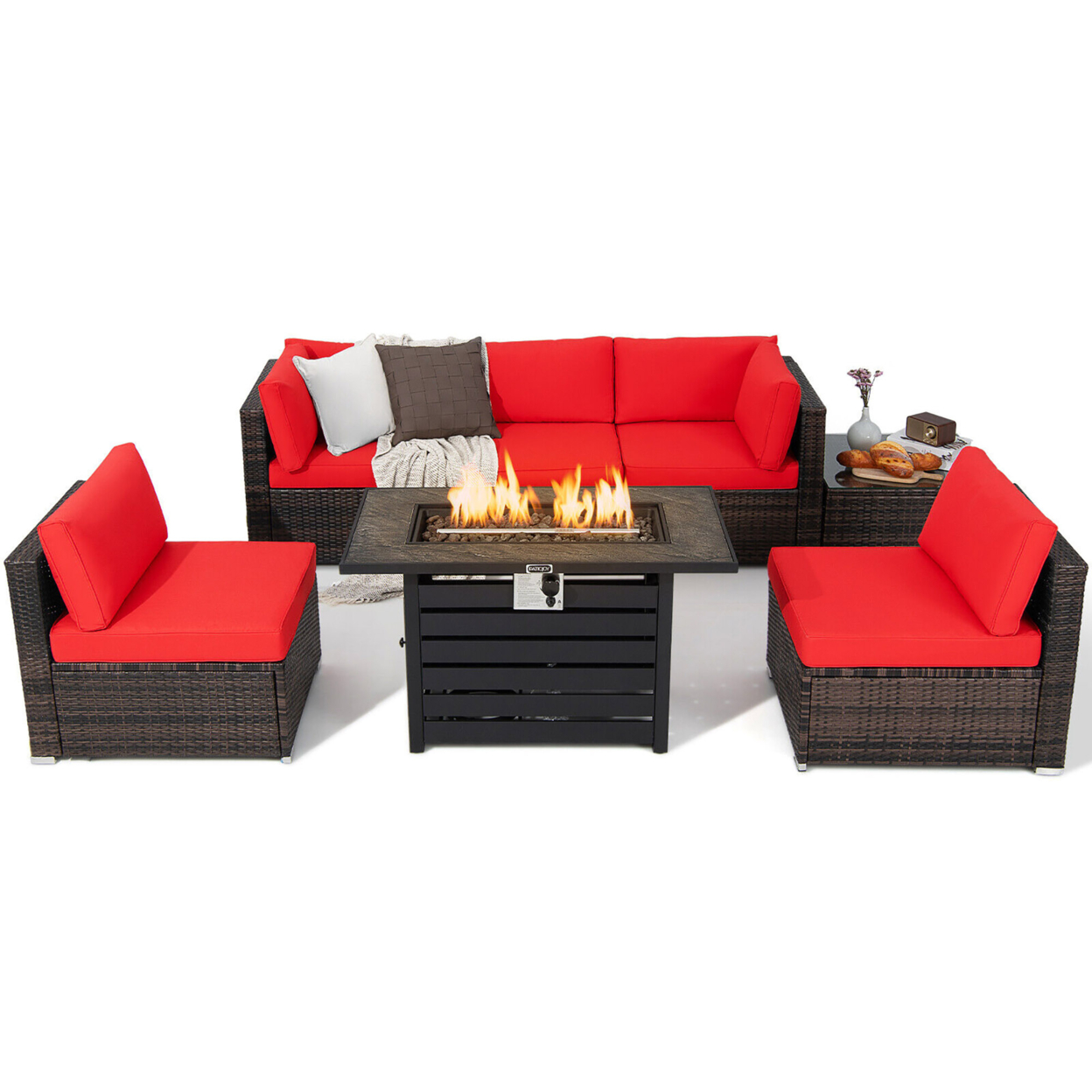 7PCS Patio Rattan Furniture Set 42'' Fire Pit Table W/ Cover Cushioned - Red