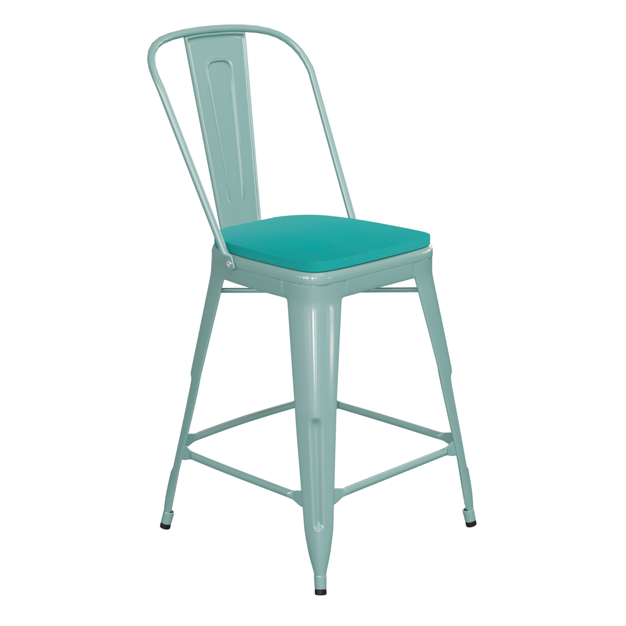 24 Inch Metal Counter Stool, Curved Open Back, Sleek Wood Seat, Mint Blue
