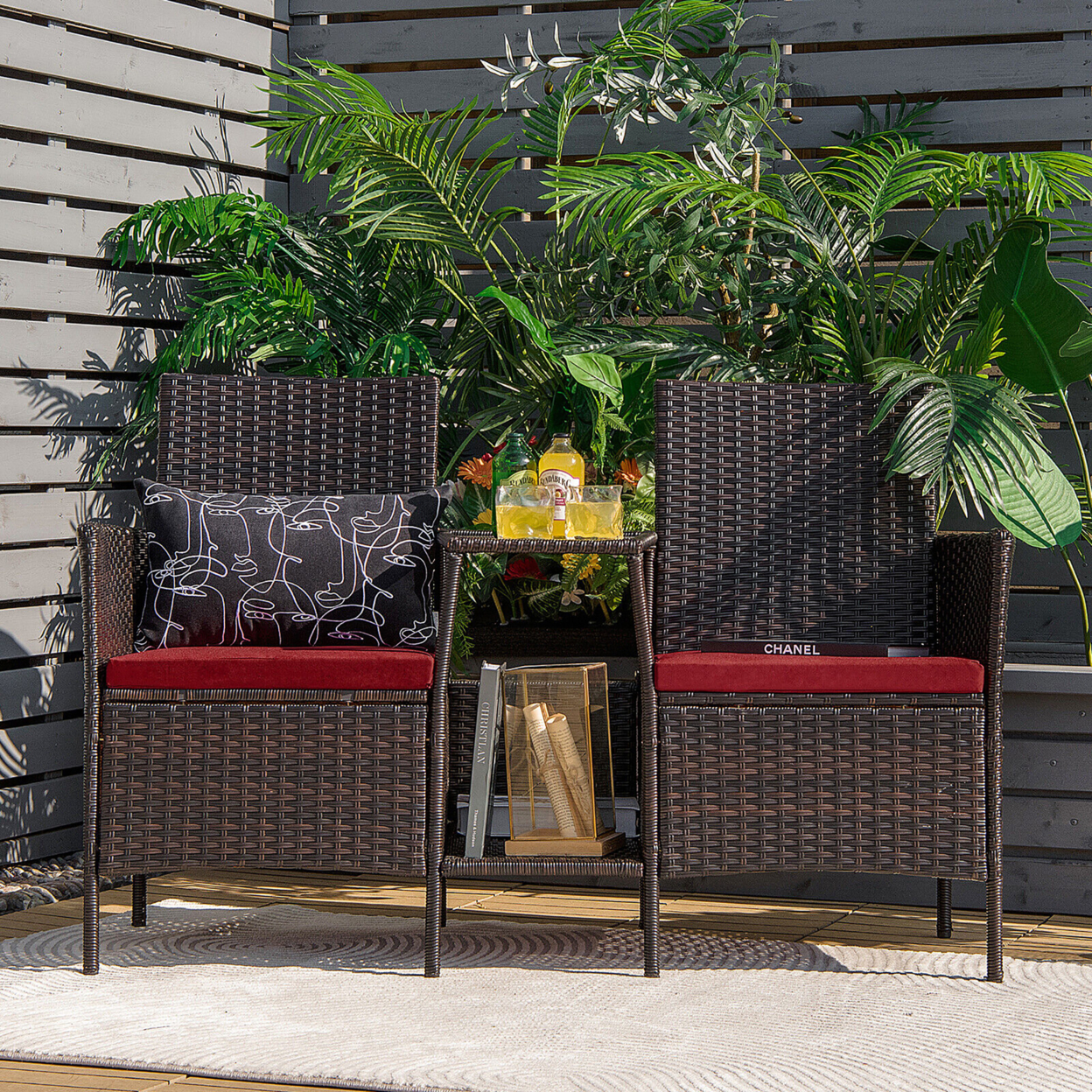Patio Rattan Conversation Furniture Set W/ Loveseat Glass Coffee Table & Cushions - Red