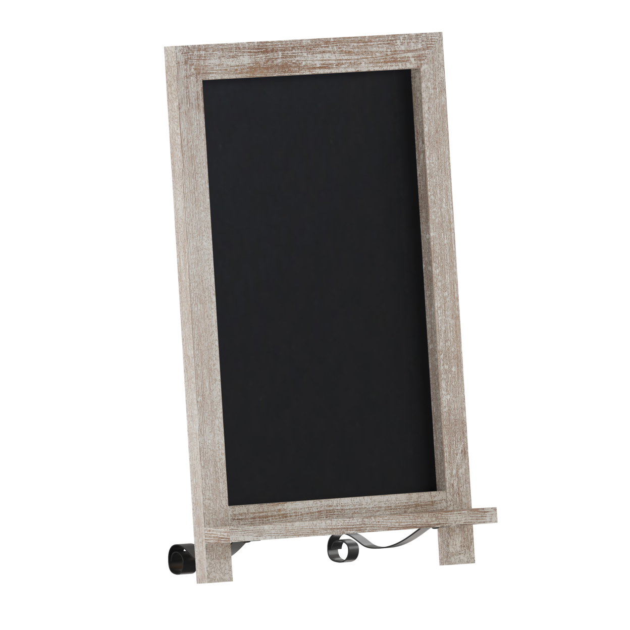 Magnetic Chalkboard, Distressed Gray Wood Frame, Metal Scrolled Legs