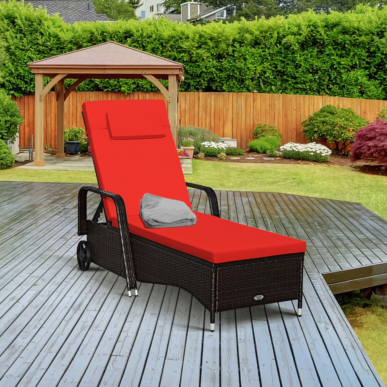 Cushioned Outdoor Wicker Lounge Chair W/ Wheel Adjustable Backrest Red & Off White