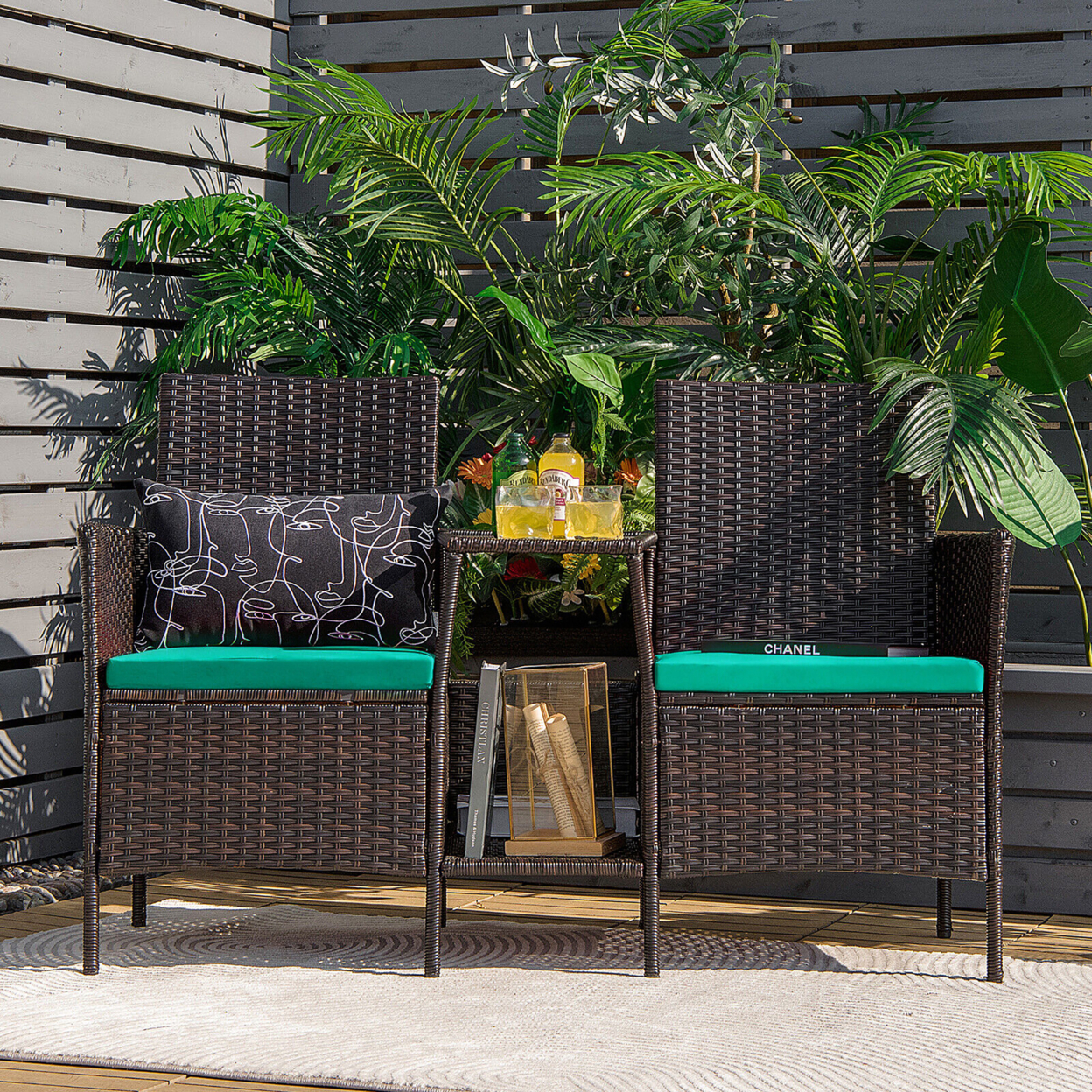 Patio Rattan Conversation Furniture Set W/ Loveseat Glass Coffee Table & Cushions - Turquoise