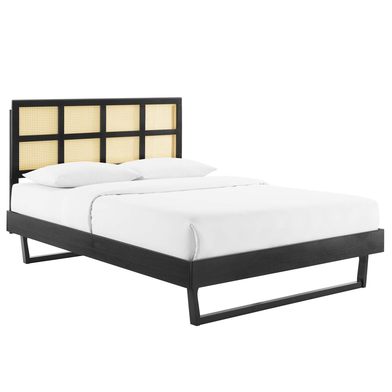 Sidney Cane And Wood King Platform Bed With Angular Legs, Black