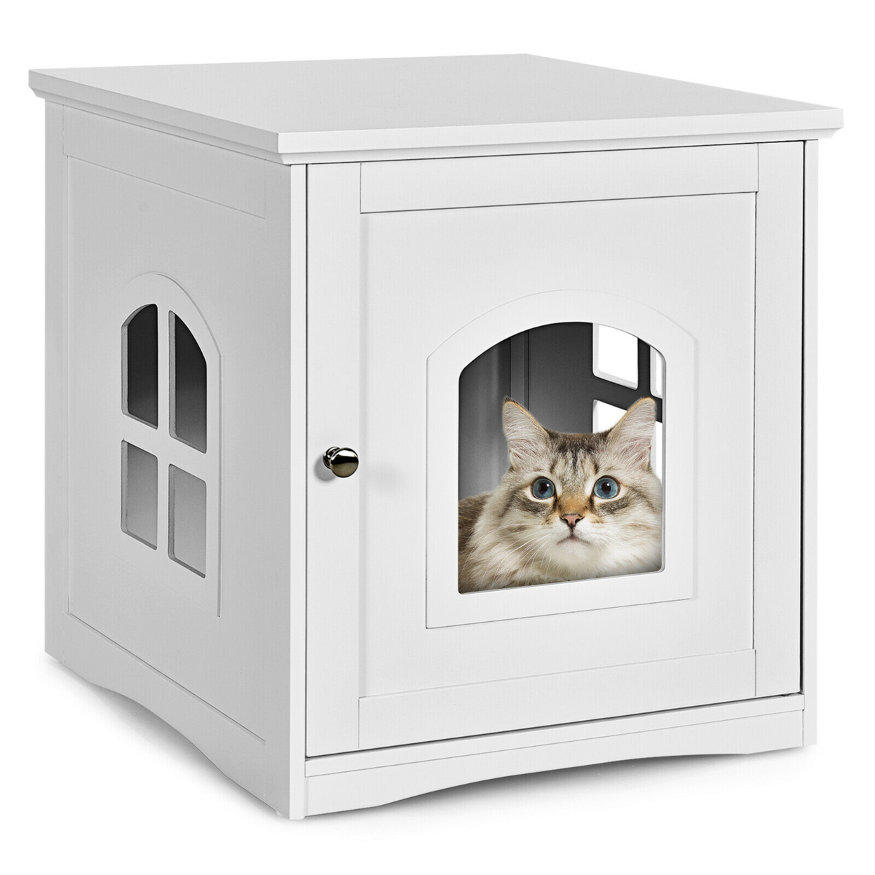 Cat House Side Table Nightstand Pet Home Litter Box Enclosure - White