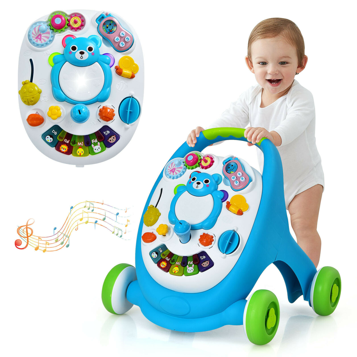 Sit-to-Stand Learning Walker Toddler Push Walking Toy W/Lights & Sounds - Blue