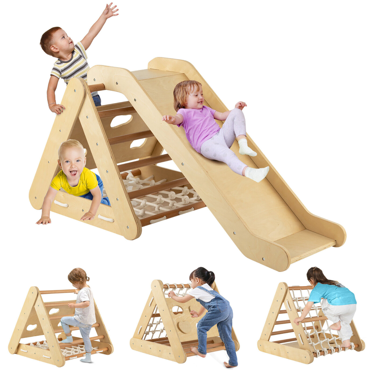 4 In 1 Wooden Climbing Triangle Set Triangle Climber W/ Ramp - Natural