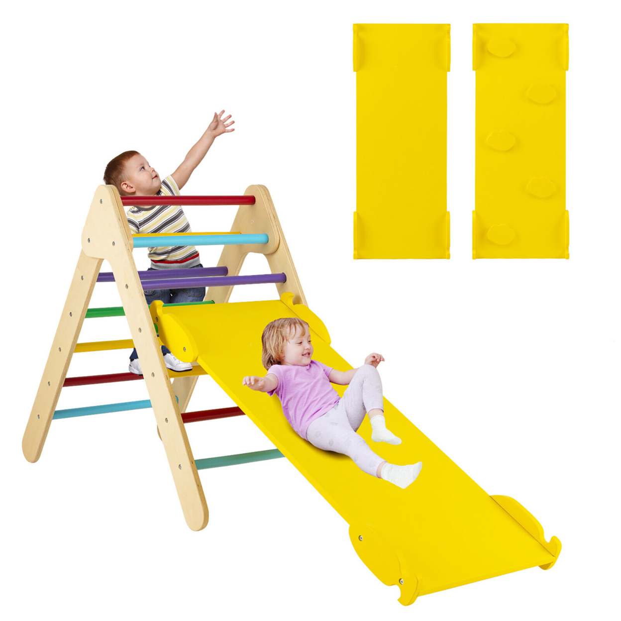 3-in-1 Wooden Climbing Triangle Set Triangle Climber W/ Ramp - Multi-color
