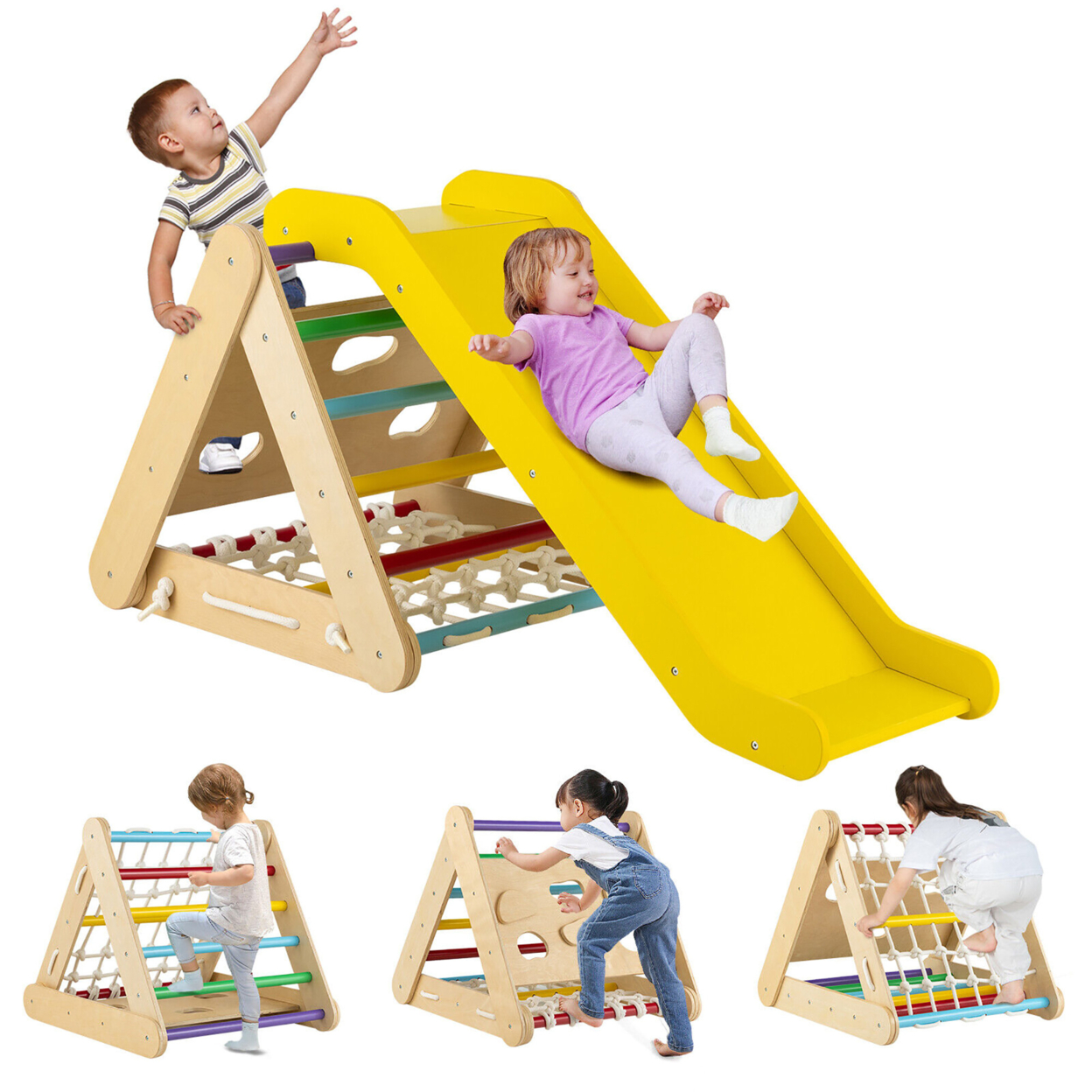 4 In 1 Wooden Climbing Triangle Set Triangle Climber W/ Ramp - Multi-color