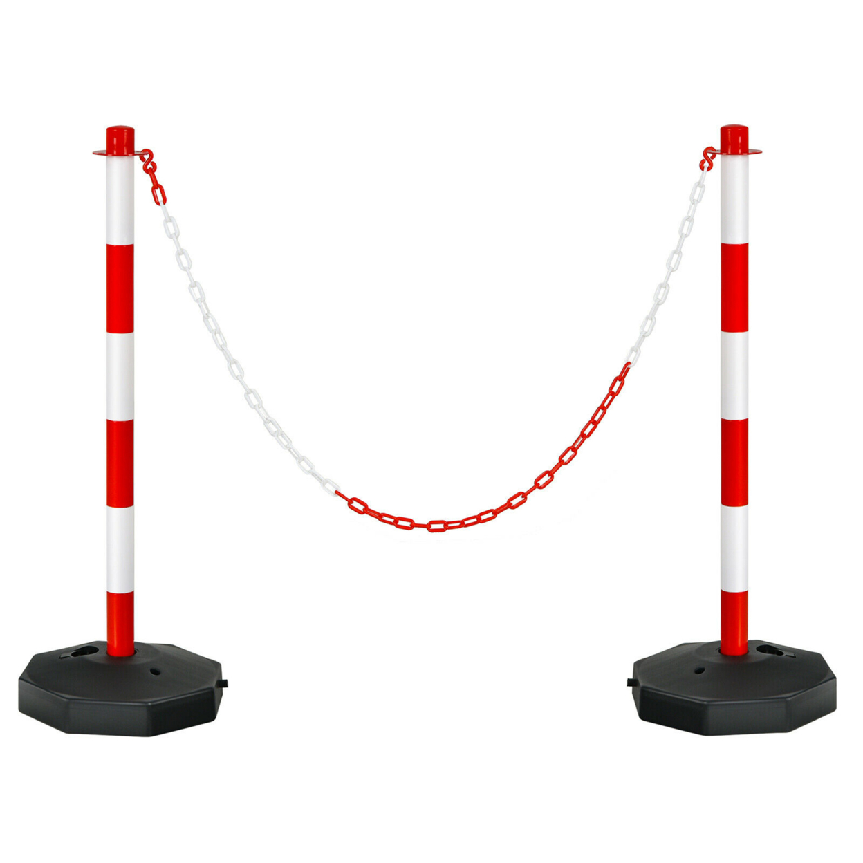2PCS Traffic Delineator Pole Safety Caution Barrier W/ 5ft Link Chains - White & Red