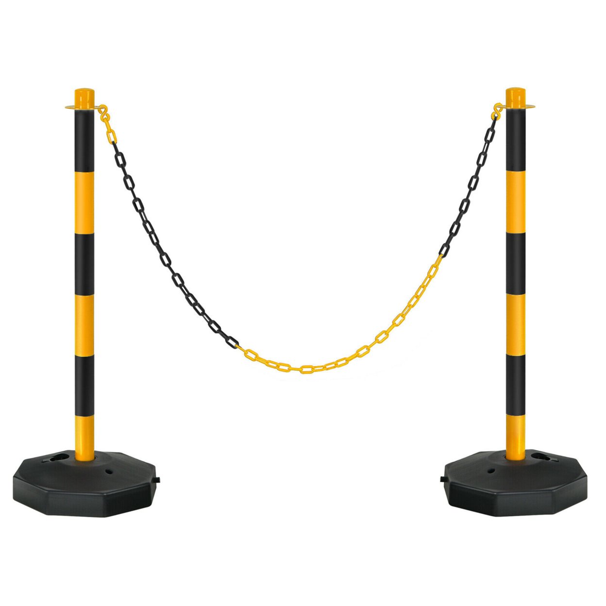 2PCS Traffic Delineator Pole Safety Caution Barrier W/ 5ft Link Chains - Yellow & Black