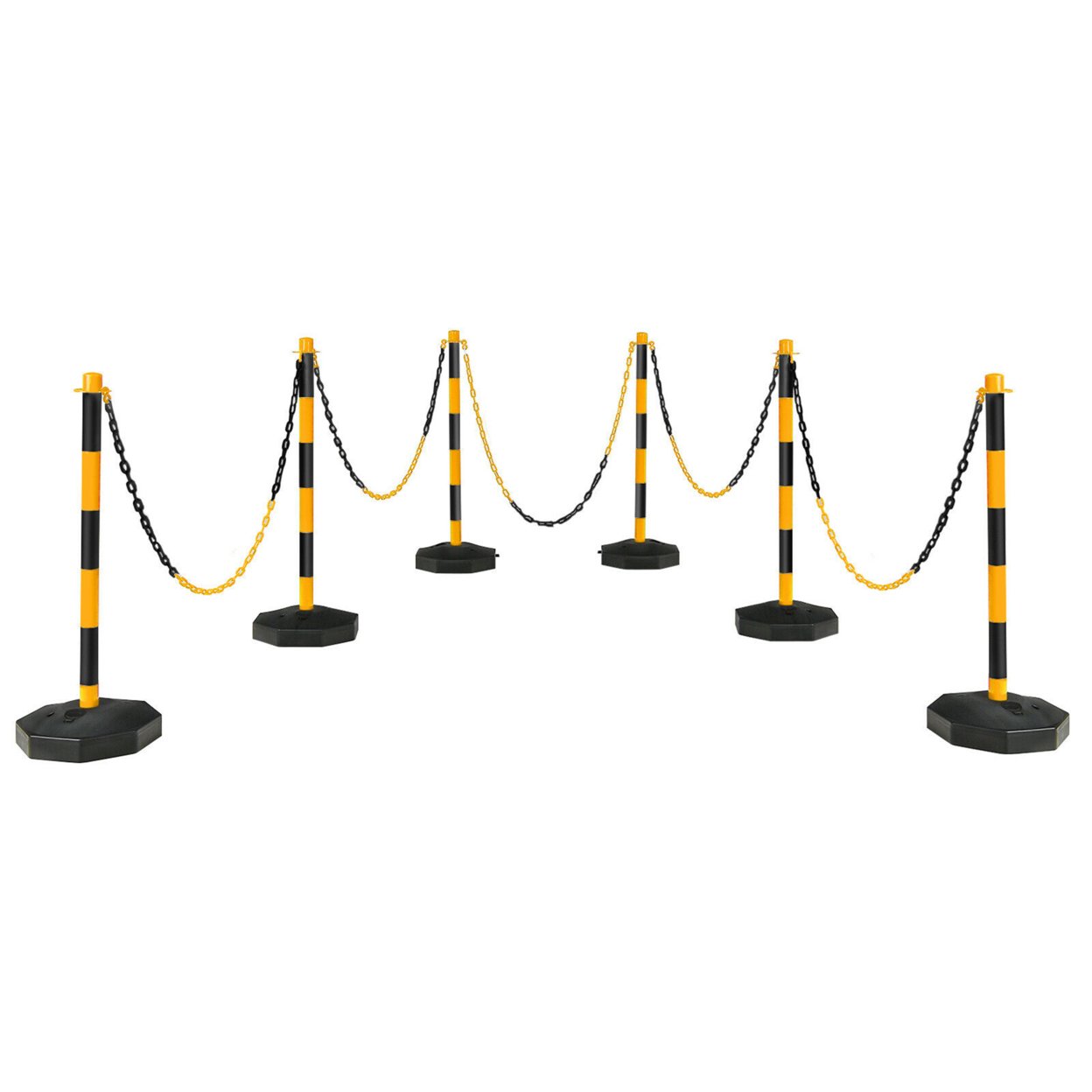 6PCS Traffic Delineator Pole Safety Caution Barrier W/ 5ft Link Chains - Yellow & Black