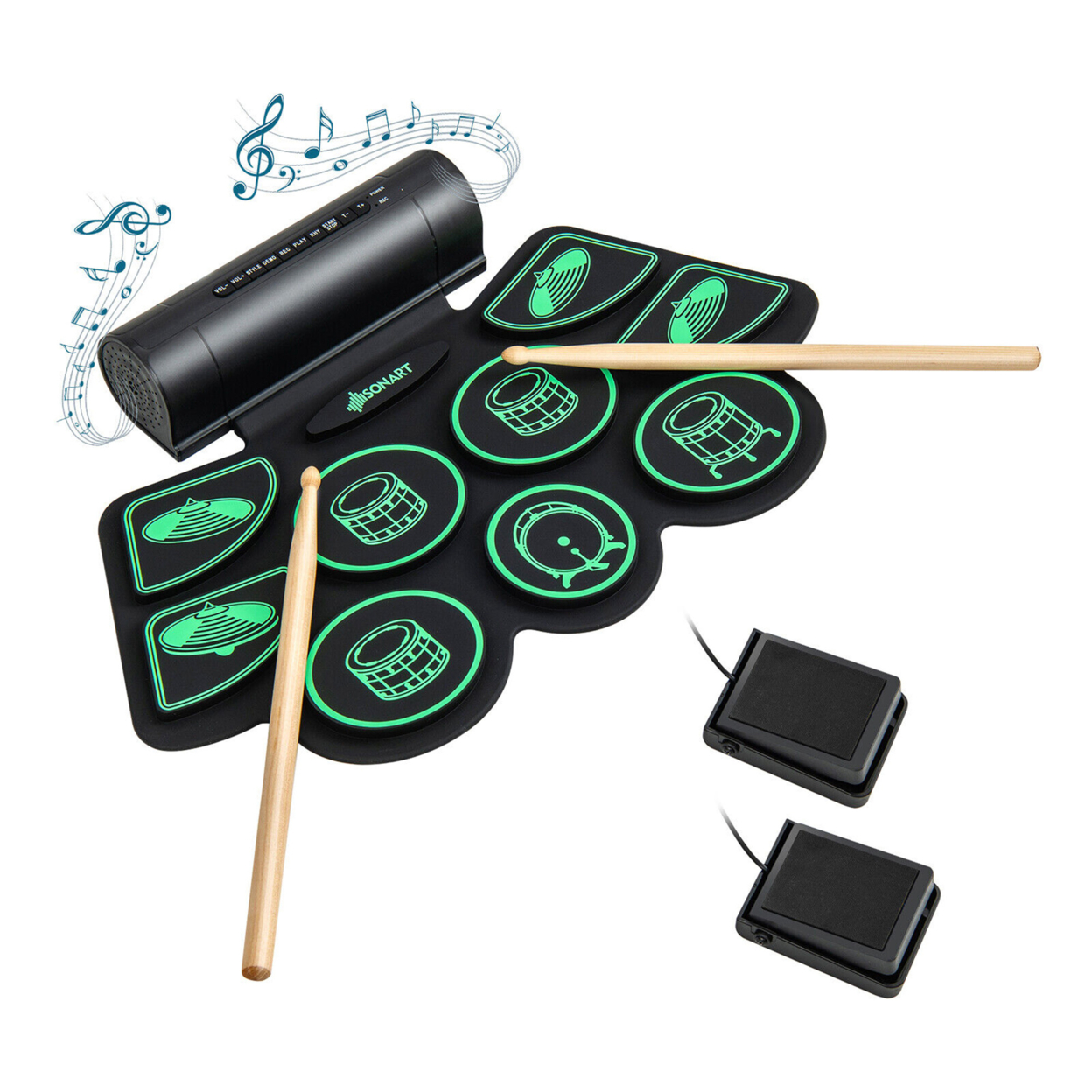 9 Pads Electronic Drum Set Roll Up Drum Kit W/ MIDI & Dual Stereo Speakers - Green+Black