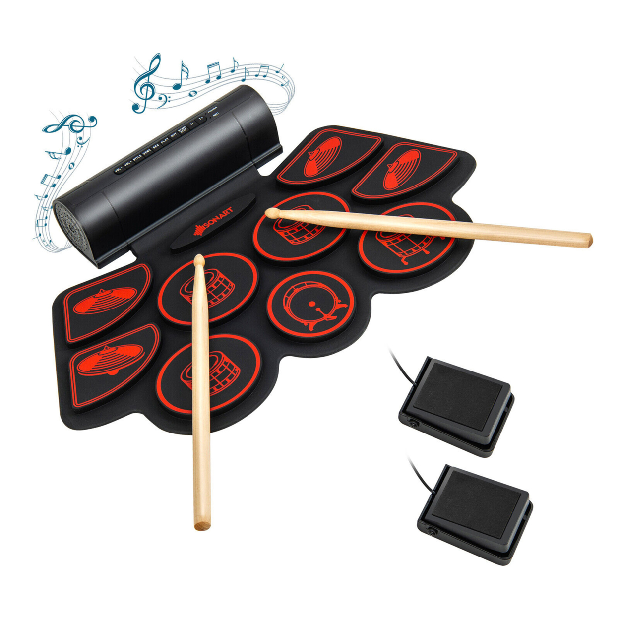 9 Pads Electronic Drum Set Roll Up Drum Kit W/ MIDI & Dual Stereo Speakers - Red+Black