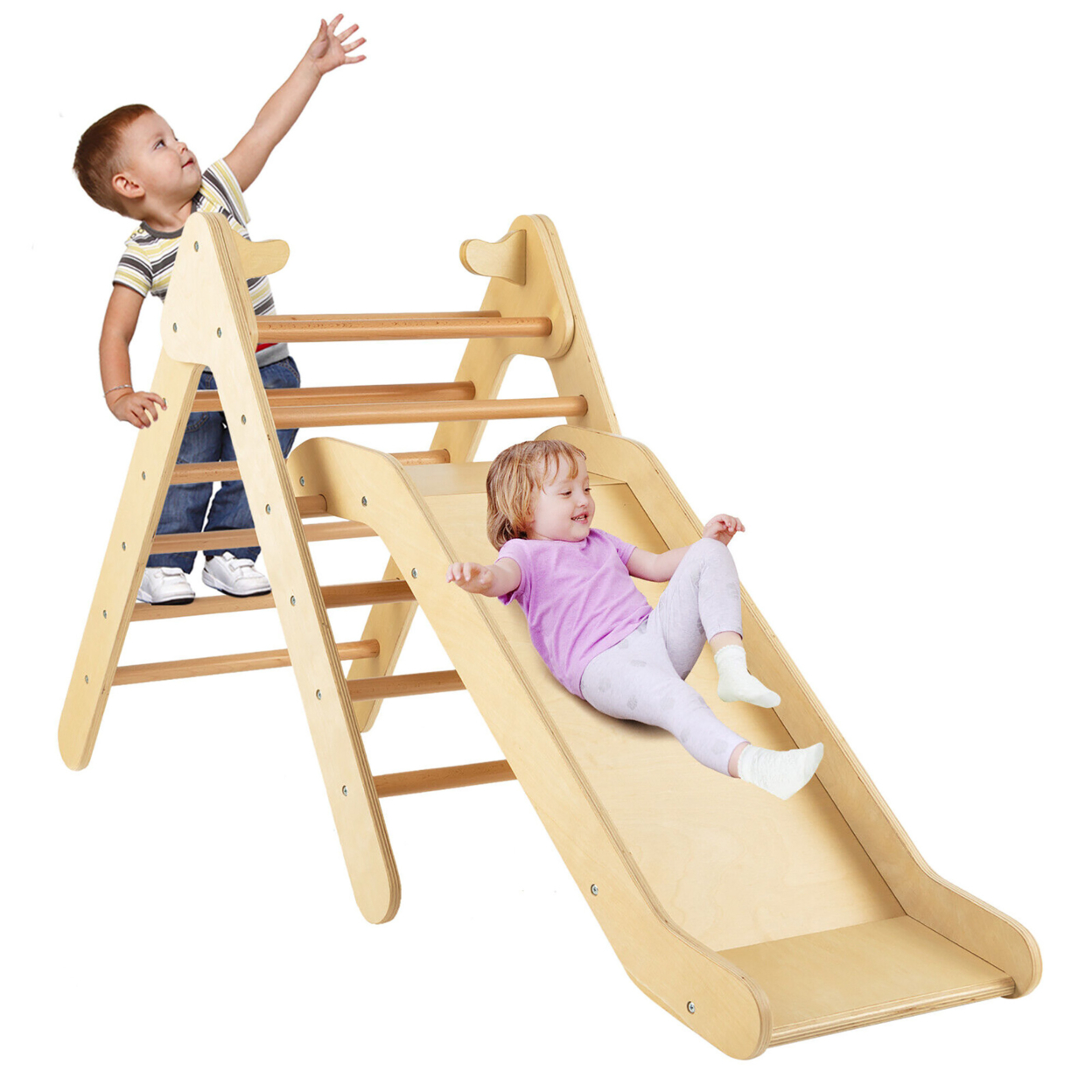 2-in-1 Wooden Climbing Triangle Set Triangle Climber W/ Ramp - Natural