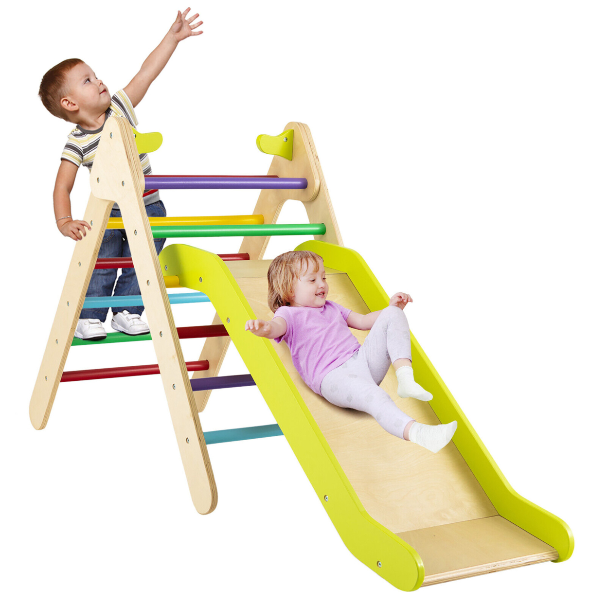 2-in-1 Wooden Climbing Triangle Set Triangle Climber W/ Ramp - Multi-color