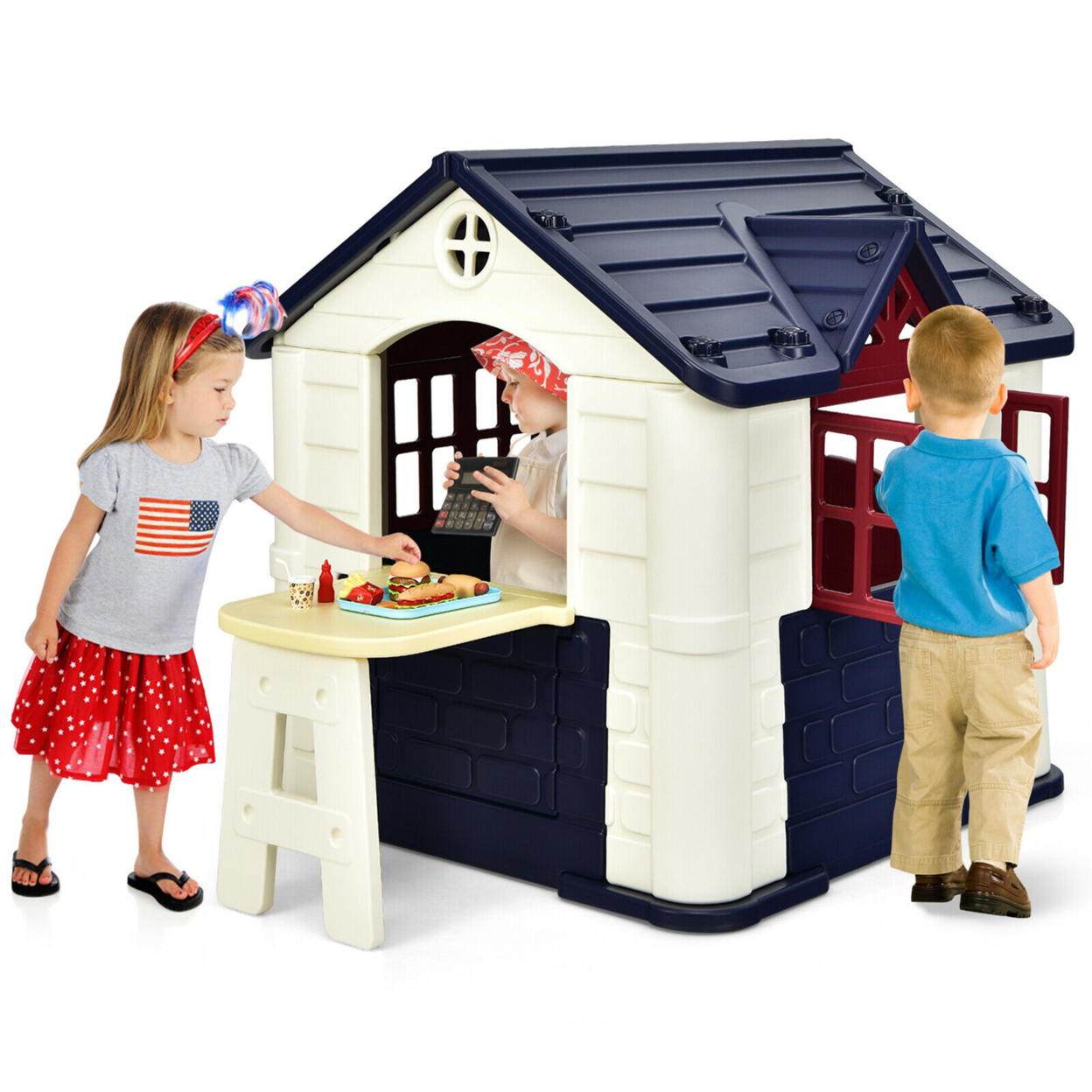 Kid's Playhouse Games Cottage W/ 7 PCS Toy Set & Waterproof Cover - Blue