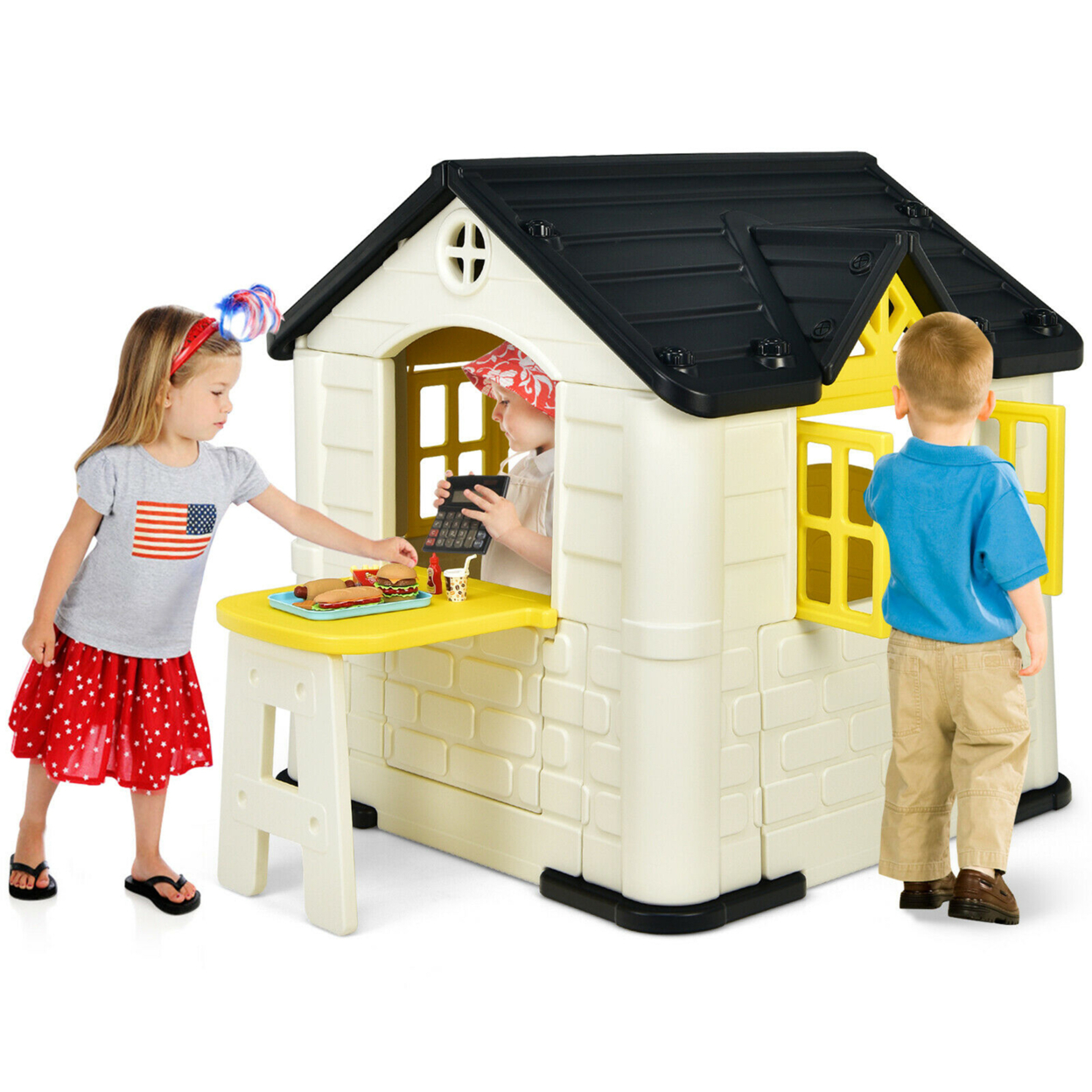 Kid's Playhouse Games Cottage W/ 7 PCS Toy Set & Waterproof Cover - Yellow