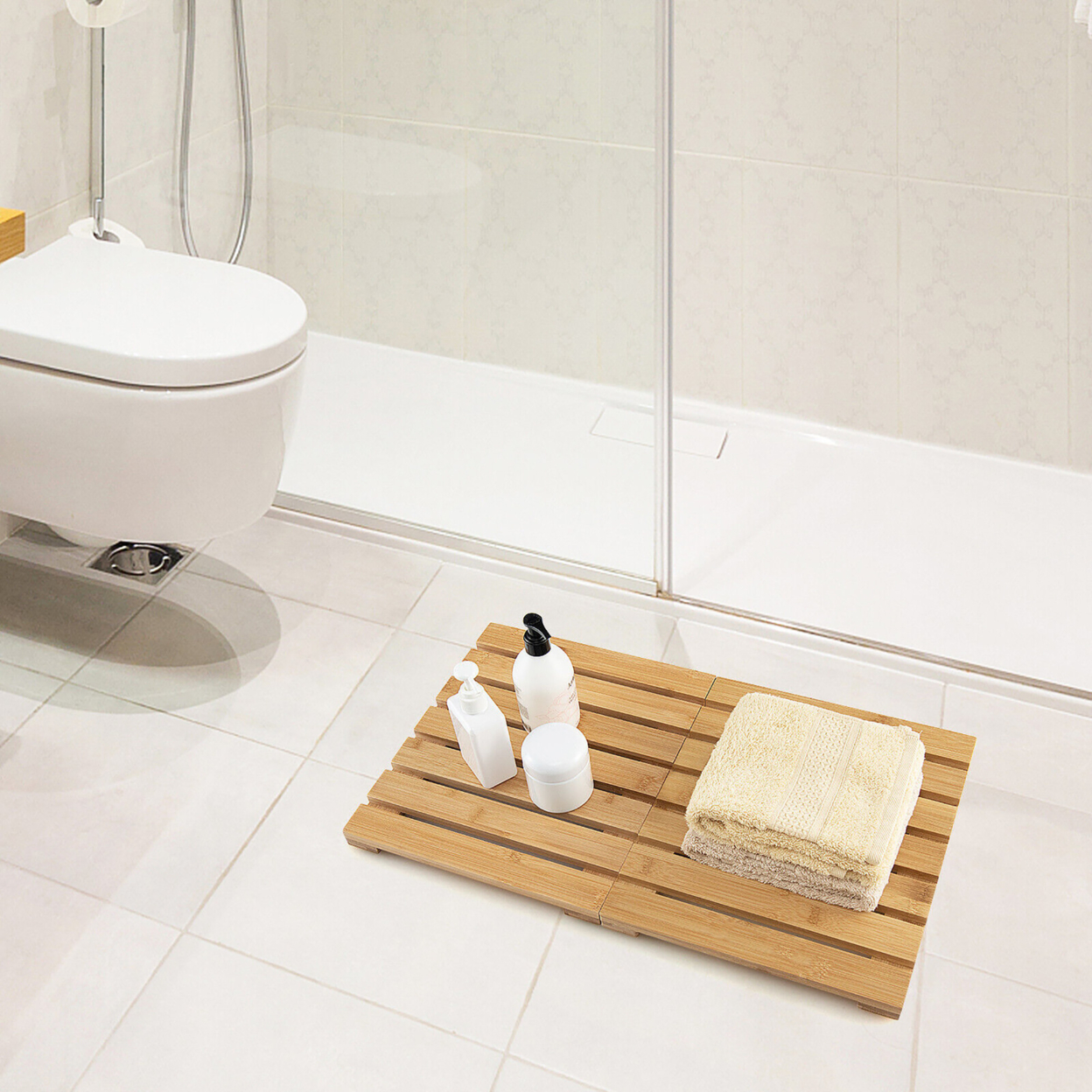 Bamboo Bath Mat Foldable Shower Mat W/ Non-slip Pads & Slatted Design