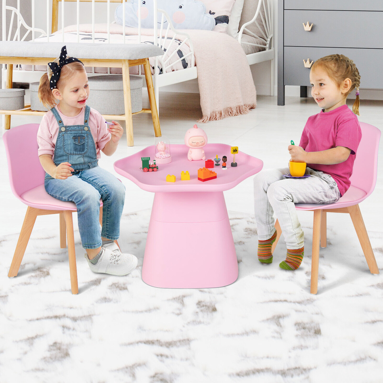 Kids Table & 2 Chairs Set Children Activity Play Table W/ Padded Seat Beech Legs