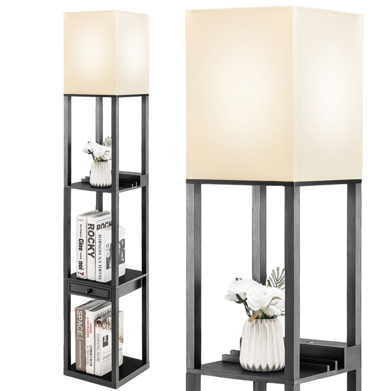 Modern Floor Lamp W/ Shelves And Drawer,Shelf Floor Lamp W/ Adjustable Brightness