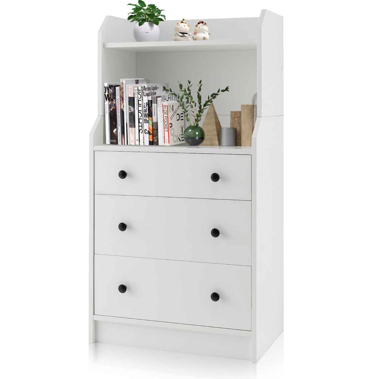 3-Drawer Dresser 44'' Tall Wood Storage Organizer Chest W/ 2 Open Shelves White