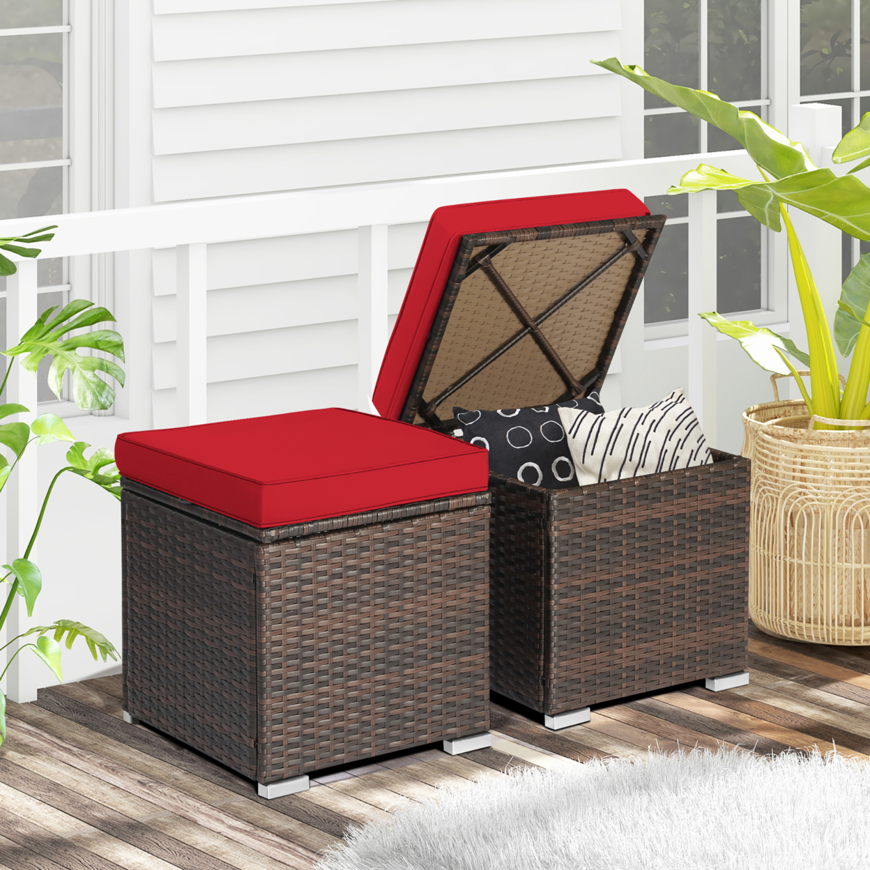 2PCS Outdoor Patio Ottomans Hand-Woven PE Wicker Footstools W/ Removable Cushions - Red