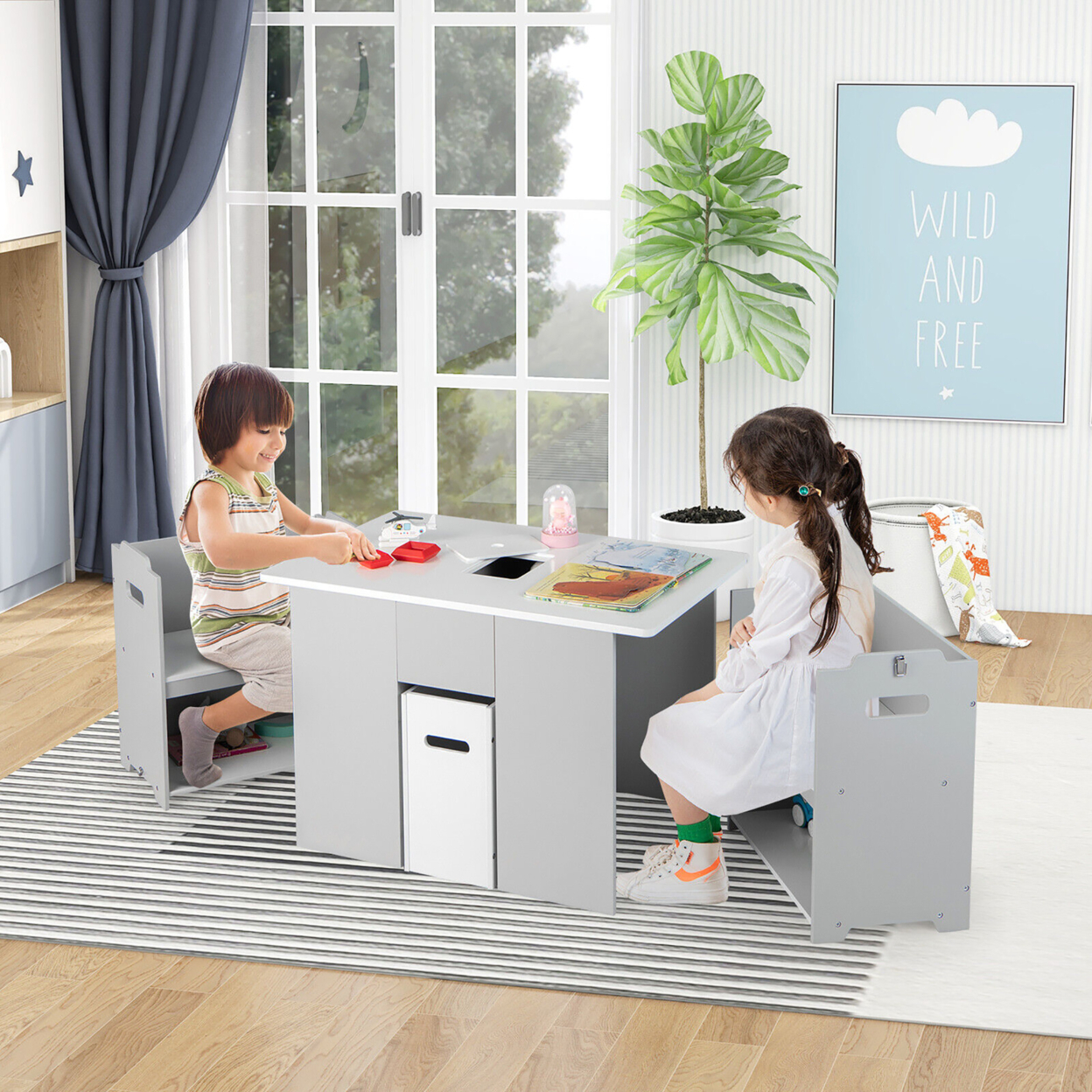Kids Table And 2 Chairs Set, 4-in-1 Desk & Chair Set W/ Storage Grey + White