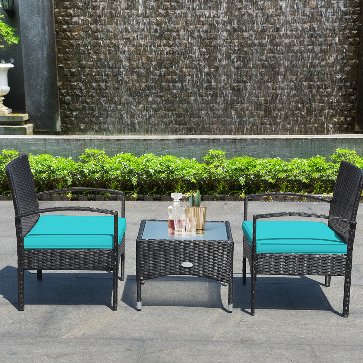 3 PCS Patio Wicker Rattan Furniture Set Coffee Table & 2 Rattan Chair W/ Cushion Turquoise
