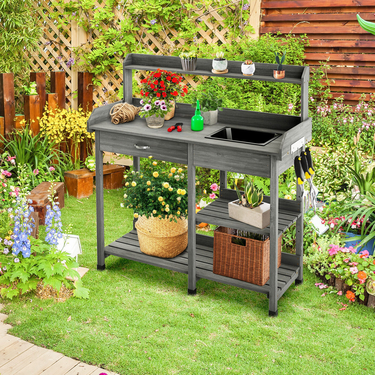 Outdoor Garden Potting Bench Lawn Patio Table Storage Shelf Work Station Grey