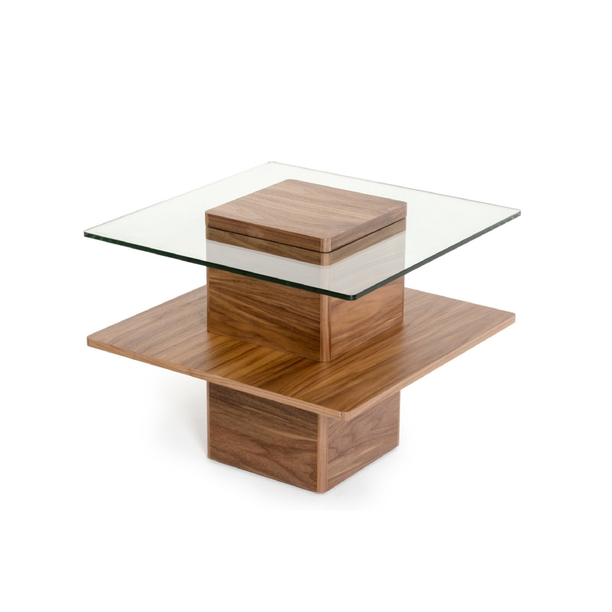 Cid 24 Inch Modern End Table, Thick Block Pedestal Base, 2 Tier, Walnut- Saltoro Sherpi