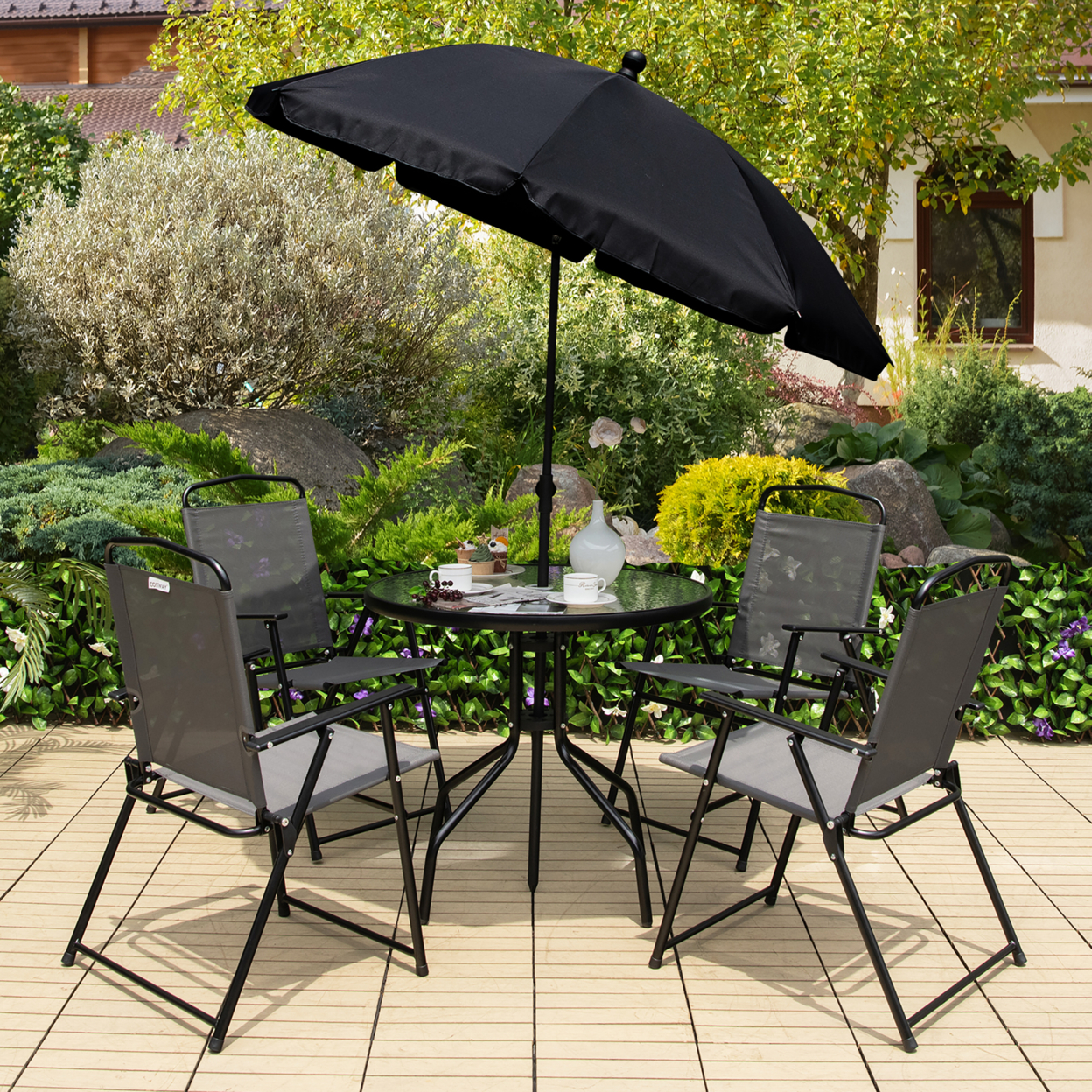 6PCS Patio Garden Dining Set W/ Round Table & 4 Folding Chairs & Tiltable Umbrella