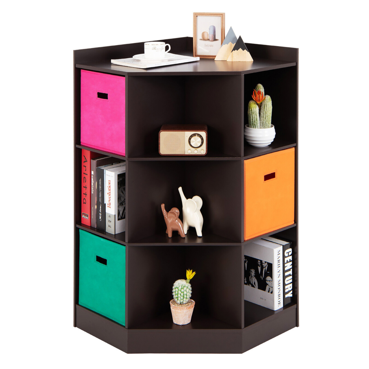 3-Tier Kids Storage Shelf Cubes W/3 Baskets Corner Cabinet Organizer Brown
