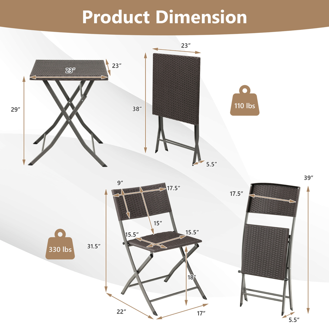 3PCS Patio Bistro Set Folding Wicker Chairs & Table Outdoor Patio Furniture Set - Black
