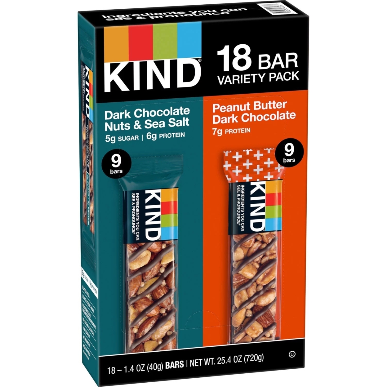 KIND Snack Bars Variety Pack: Dark Choco & Sea Salt, P.B. Dark Chocolate (18 Ct)