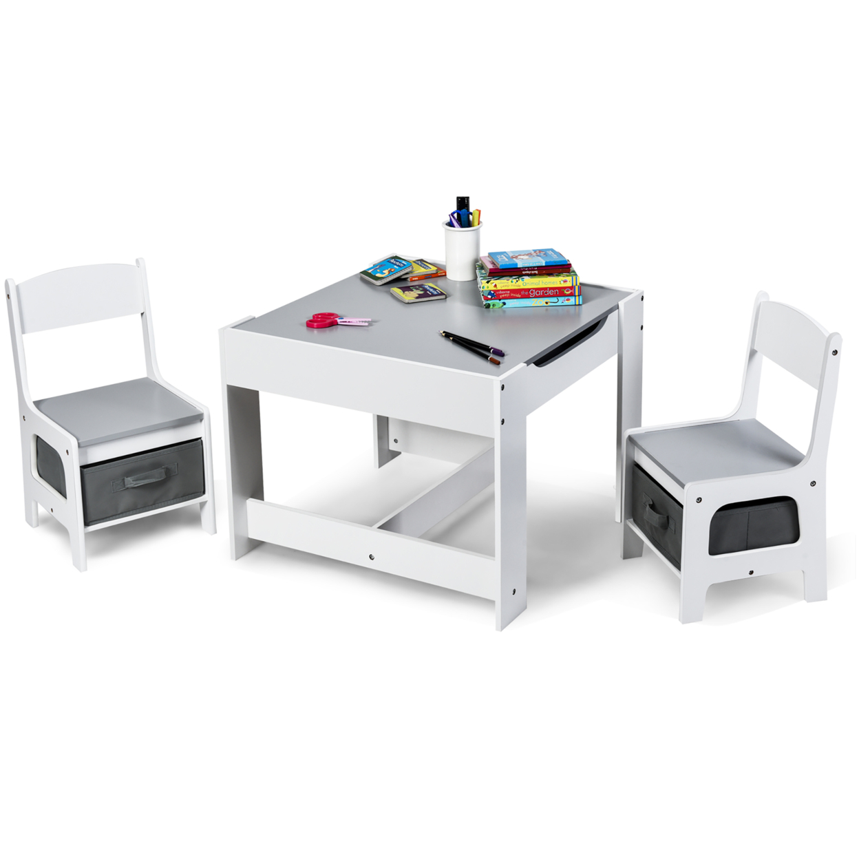3 In 1 Kids Wood Table Chairs Set W/ Storage Box Blackboard Drawing Grey
